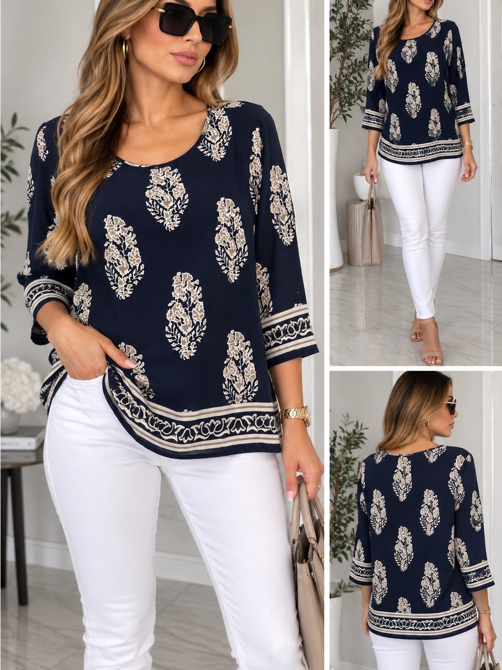 Navy Paisley-Print Scoop Neck Tunic Top